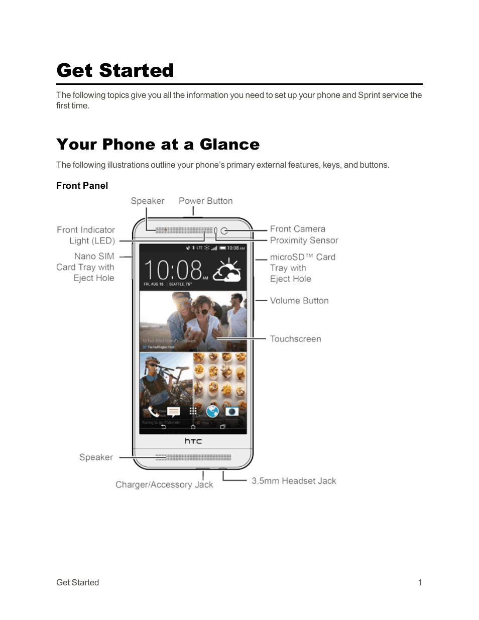 Get started, Your phone at a glance | HTC One E8 User Manual | Page 14 / 262