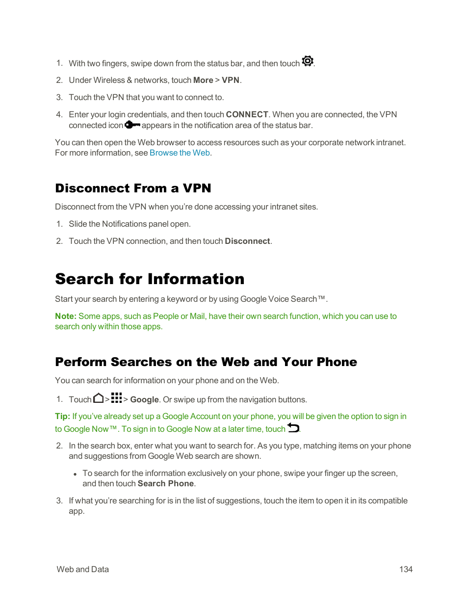 Disconnect from a vpn, Search for information, Perform searches on the web and your phone | HTC One E8 User Manual | Page 147 / 262