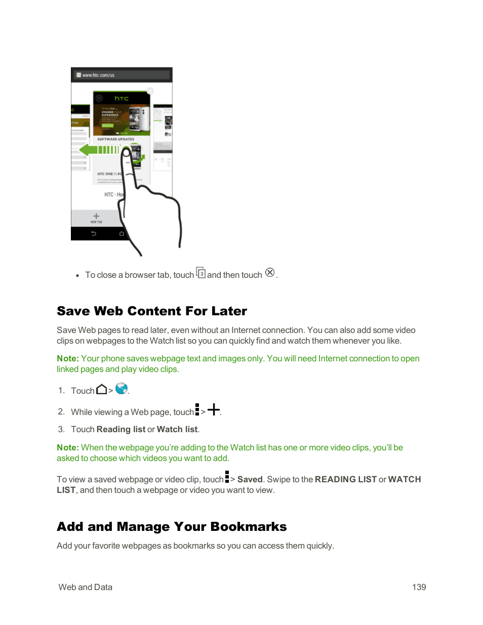 Save web content for later, Add and manage your bookmarks | HTC One E8 User Manual | Page 152 / 262