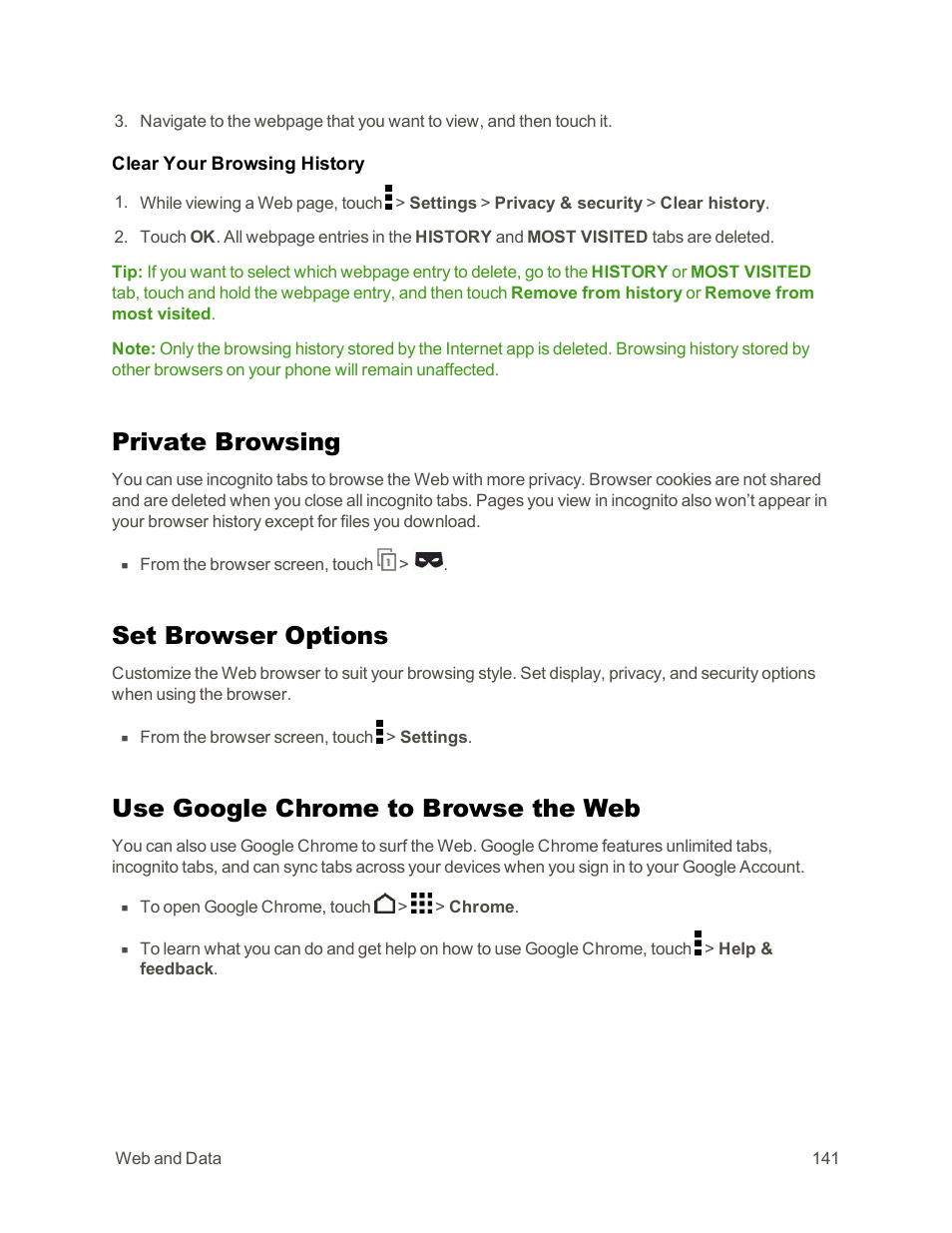 Private browsing, Set browser options, Use google chrome to browse the web | HTC One E8 User Manual | Page 154 / 262