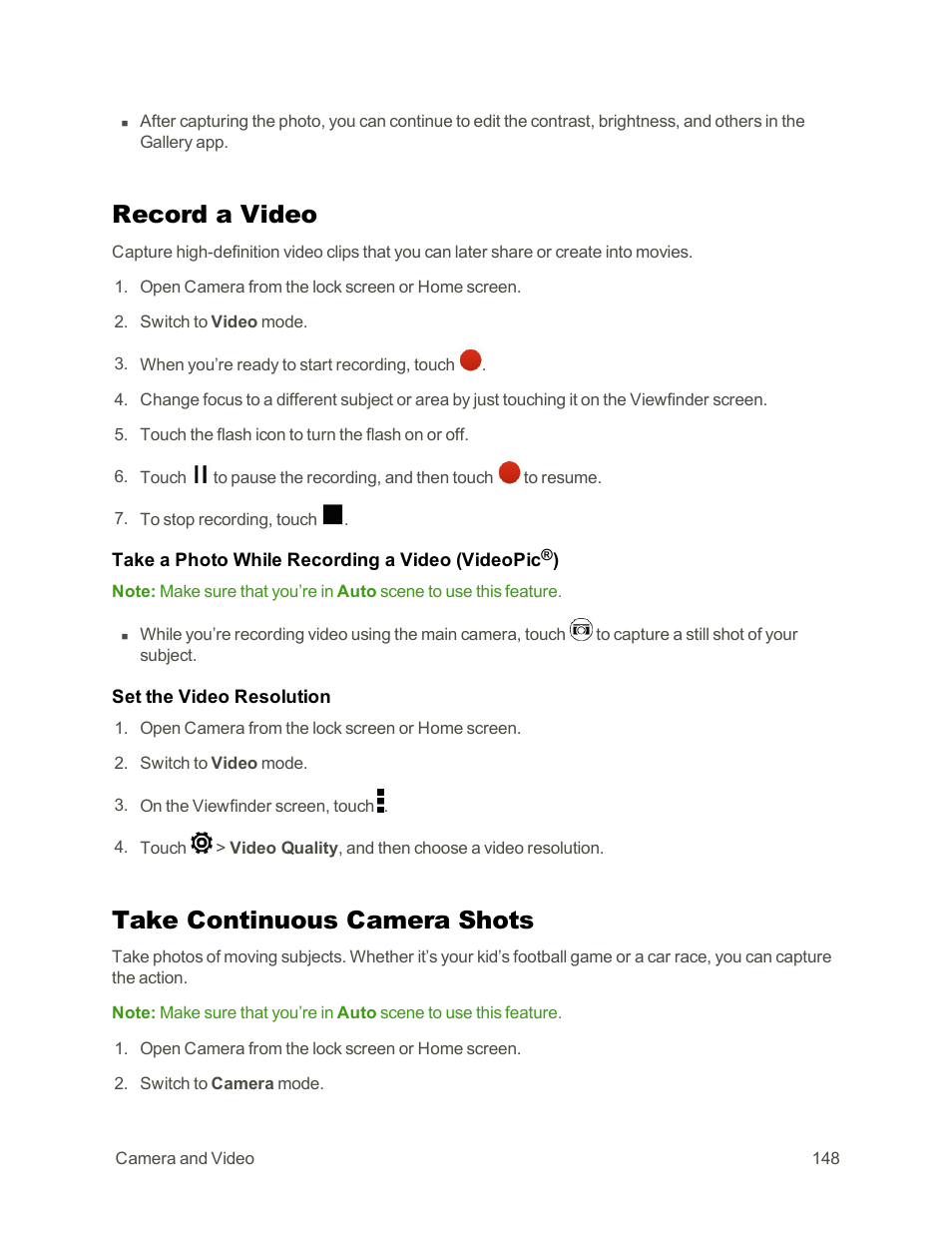 Record a video, Take continuous camera shots | HTC One E8 User Manual | Page 161 / 262