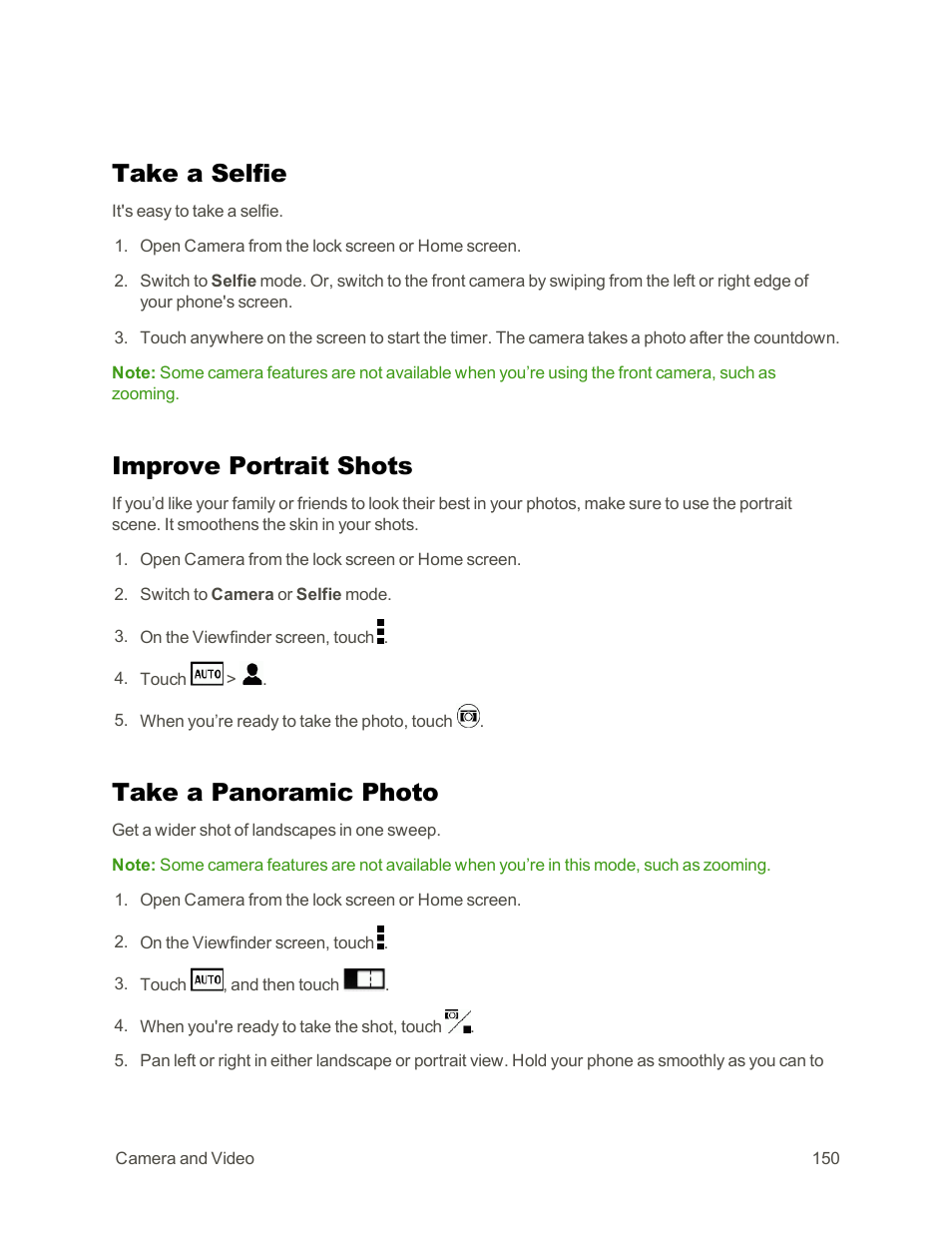 Take a selfie, Improve portrait shots, Take a panoramic photo | HTC One E8 User Manual | Page 163 / 262