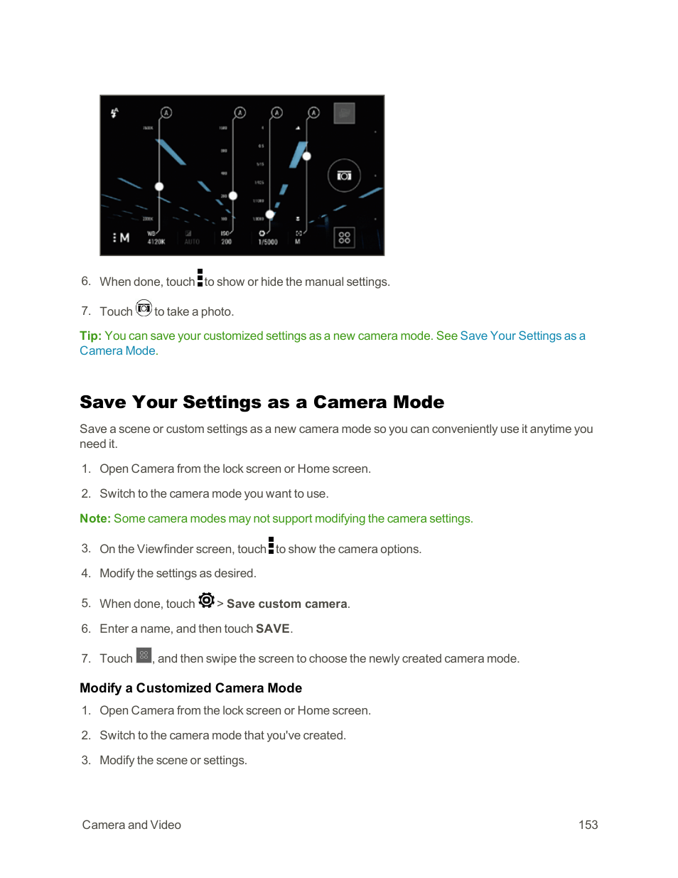 Save your settings as a camera mode | HTC One E8 User Manual | Page 166 / 262