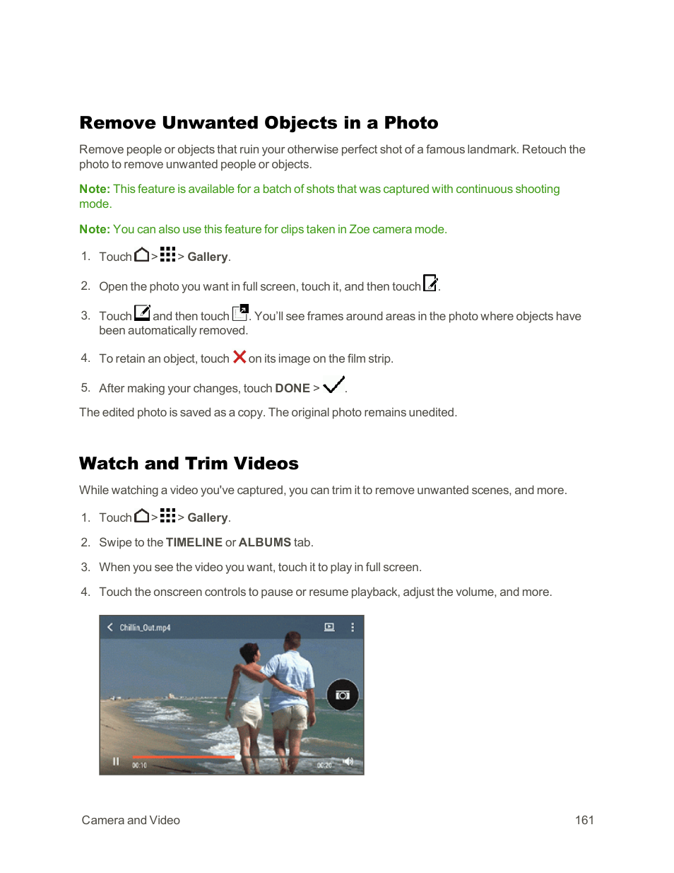Remove unwanted objects in a photo, Watch and trim videos | HTC One E8 User Manual | Page 174 / 262