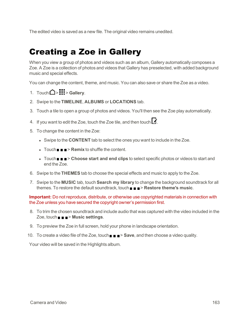 Creating a zoe in gallery | HTC One E8 User Manual | Page 176 / 262