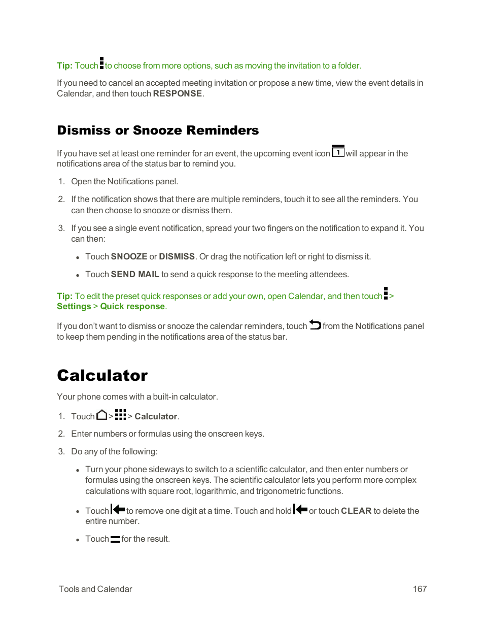 Dismiss or snooze reminders, Calculator | HTC One E8 User Manual | Page 180 / 262