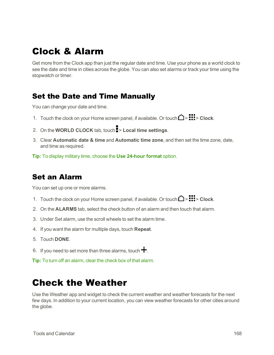 Clock & alarm, Set the date and time manually, Set an alarm | Check the weather | HTC One E8 User Manual | Page 181 / 262