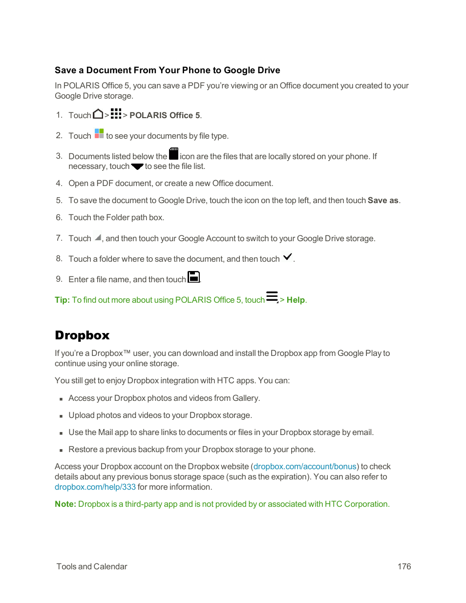 Dropbox | HTC One E8 User Manual | Page 189 / 262