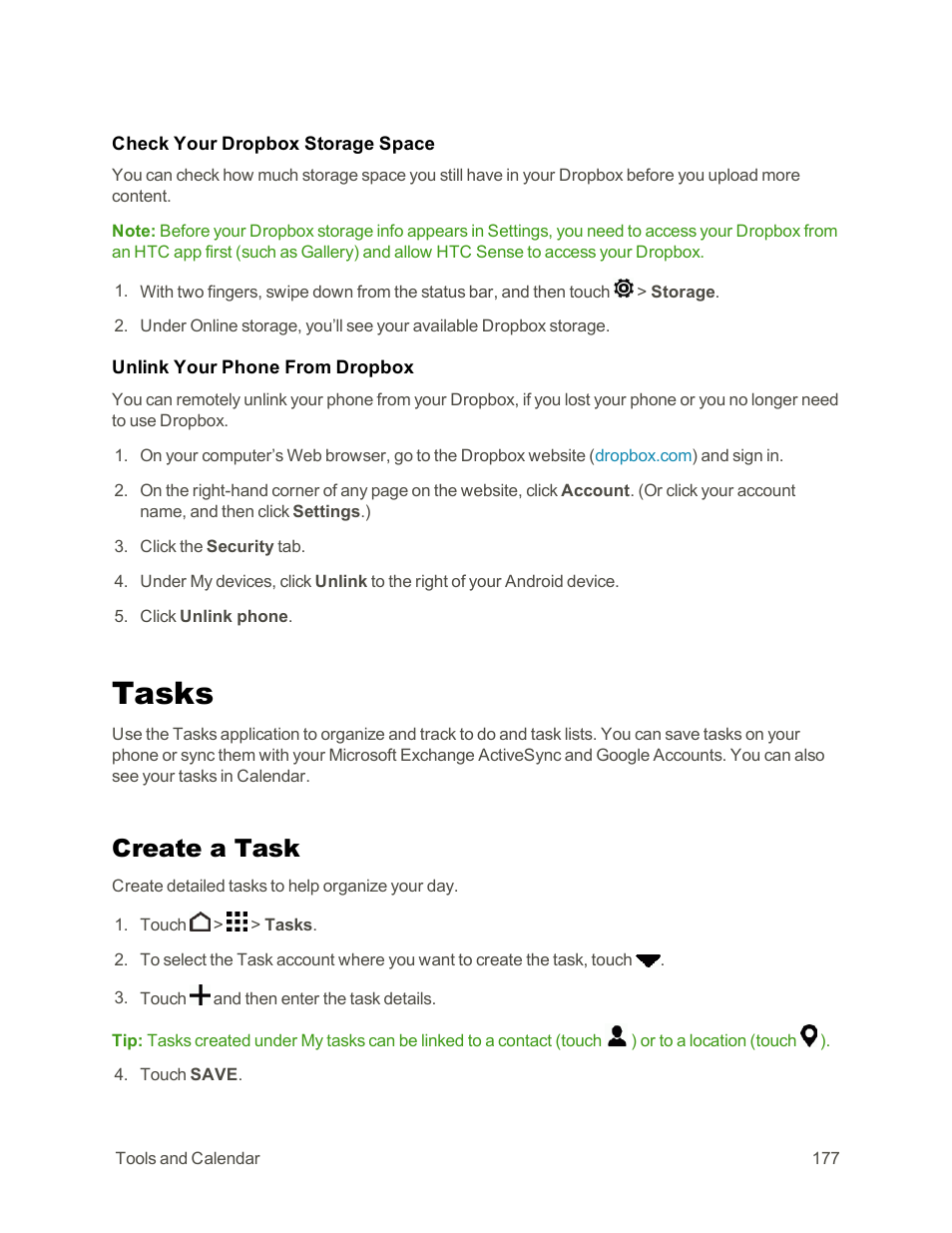 Tasks, Create a task | HTC One E8 User Manual | Page 190 / 262