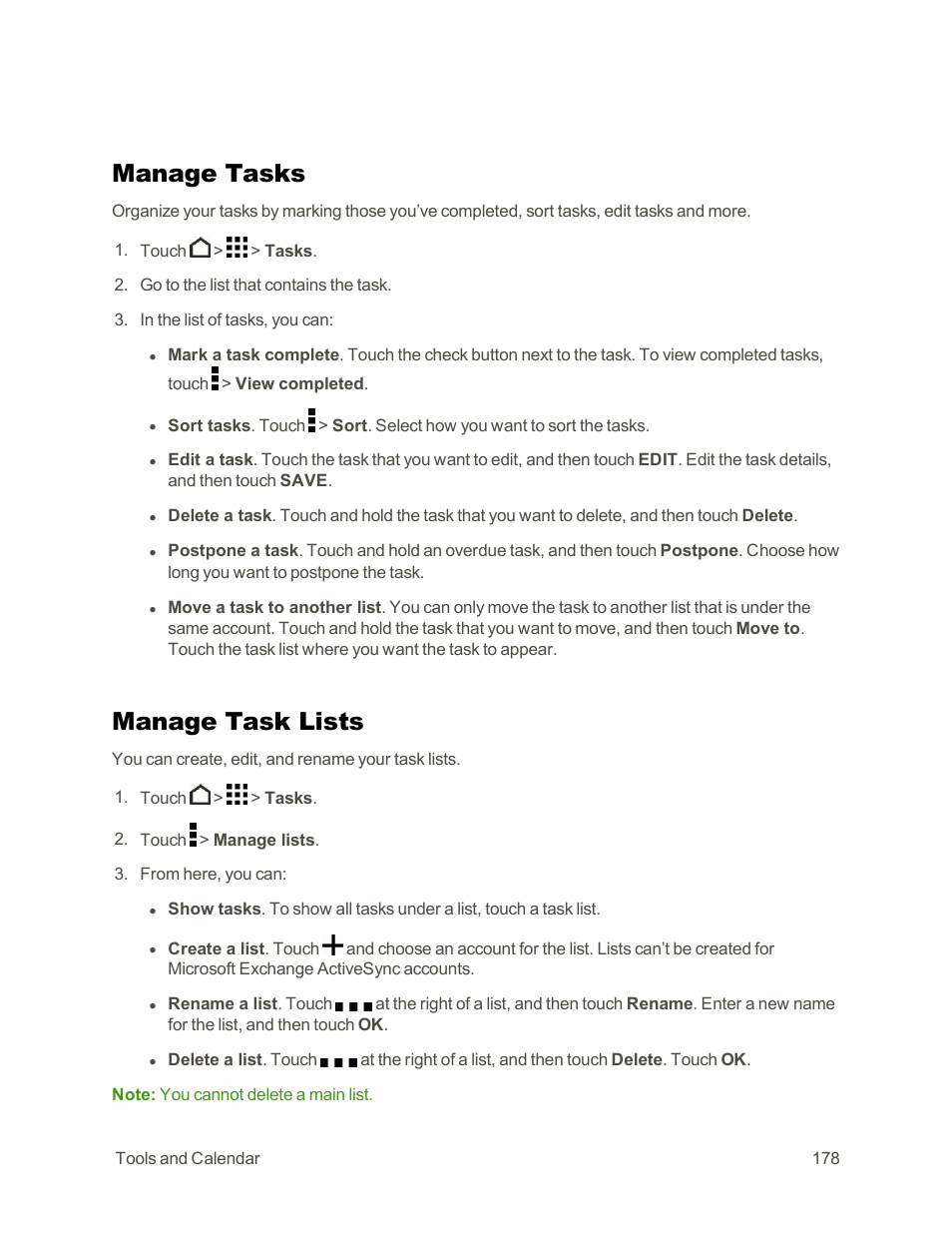 Manage tasks, Manage task lists | HTC One E8 User Manual | Page 191 / 262