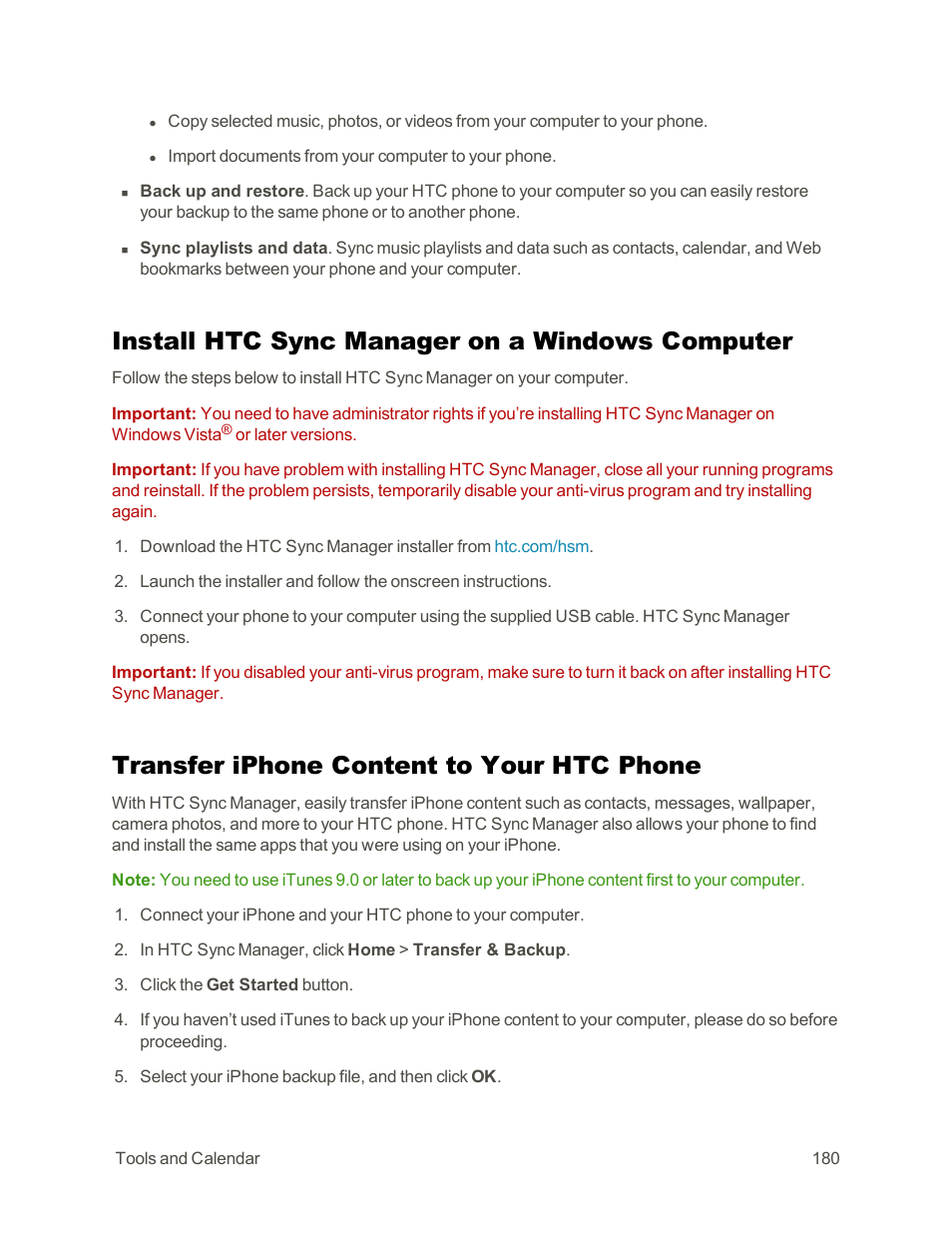 Install htc sync manager on a windows computer, Transfer iphone content to your htc phone | HTC One E8 User Manual | Page 193 / 262