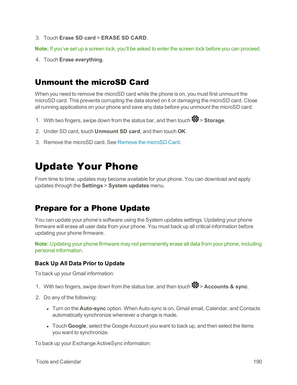 Unmount the microsd card, Update your phone, Prepare for a phone update | HTC One E8 User Manual | Page 203 / 262