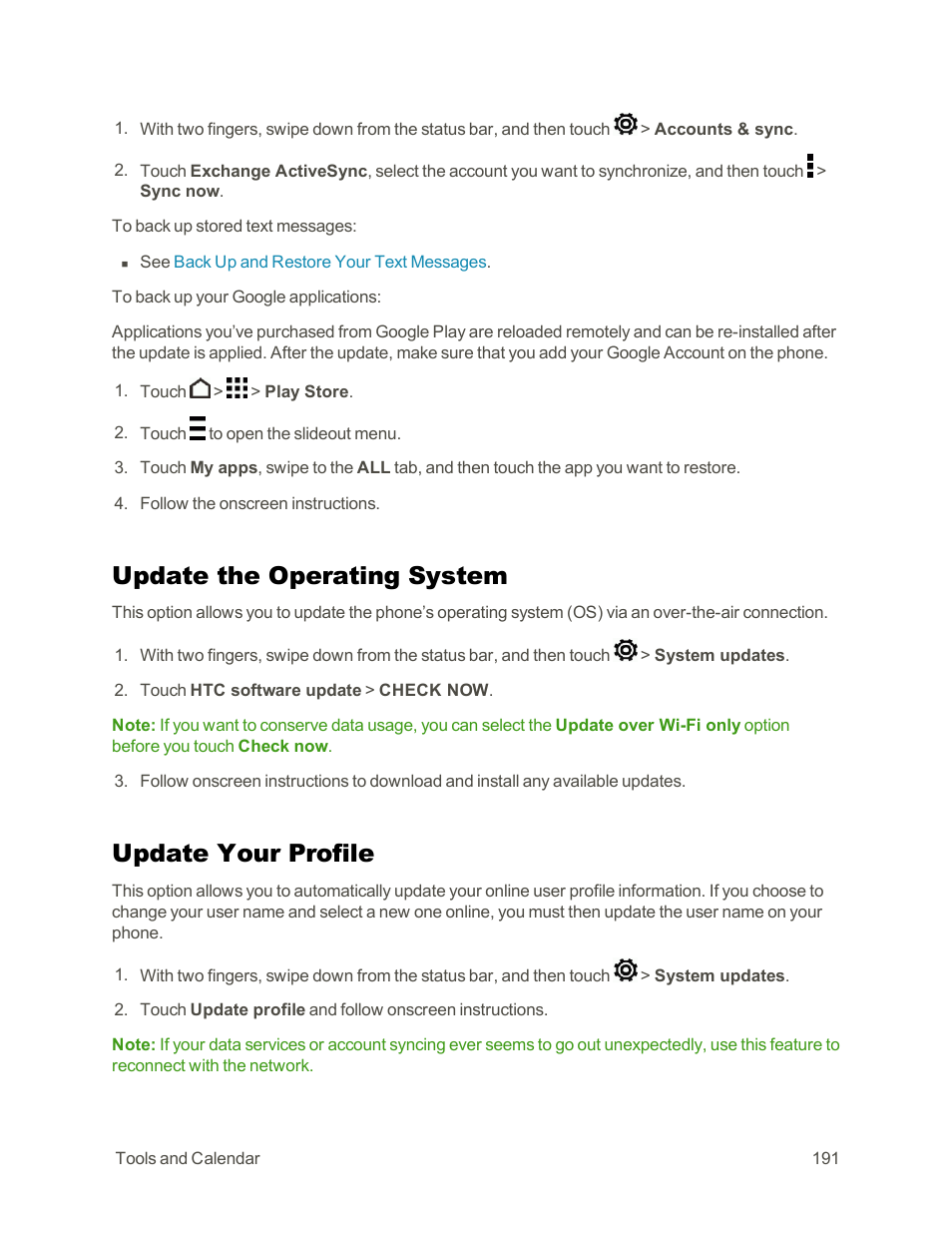 Update the operating system, Update your profile | HTC One E8 User Manual | Page 204 / 262