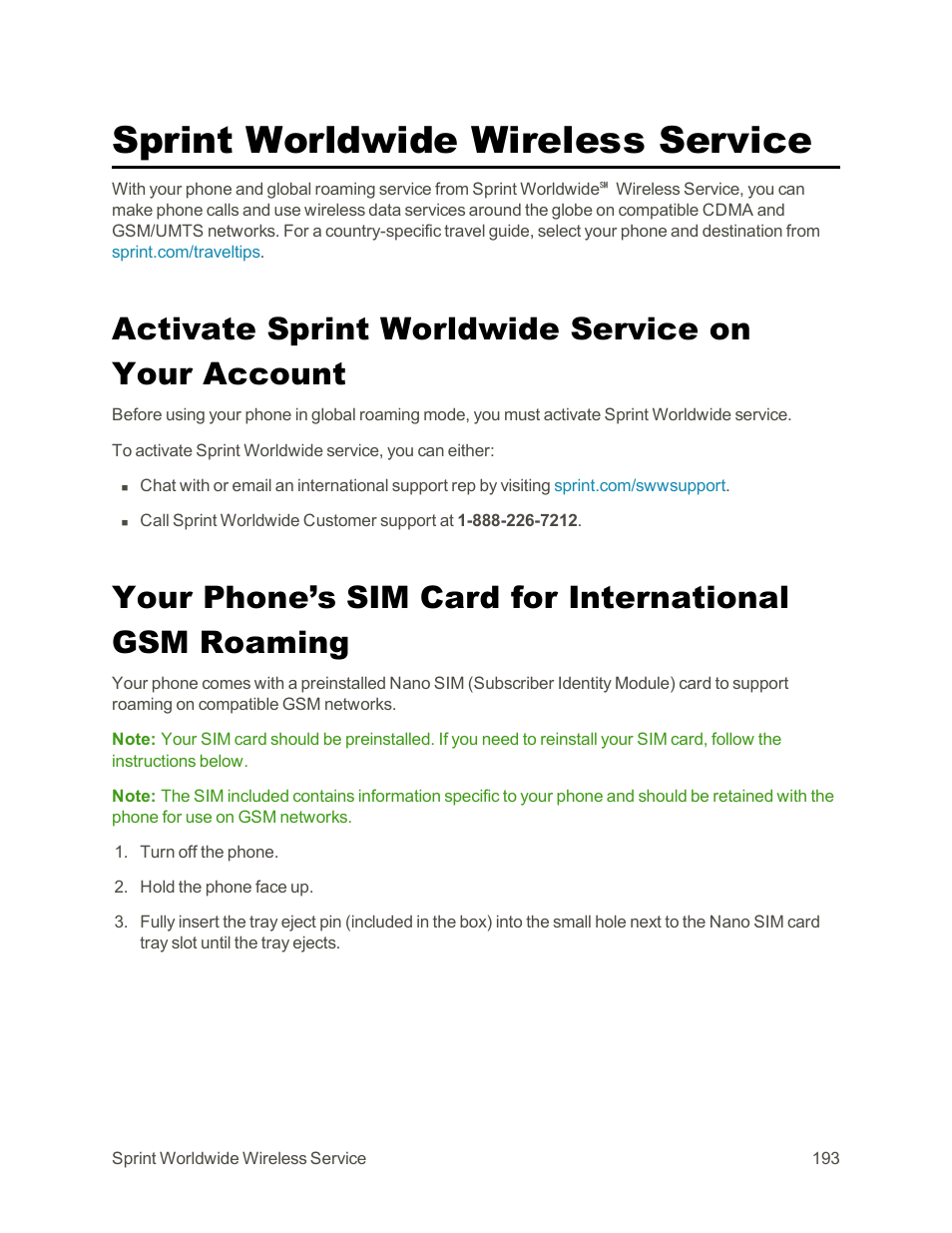 Sprint worldwide wireless service, Activate sprint worldwide service on your account | HTC One E8 User Manual | Page 206 / 262