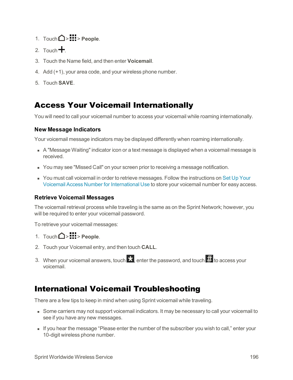 Access your voicemail internationally, International voicemail troubleshooting | HTC One E8 User Manual | Page 209 / 262