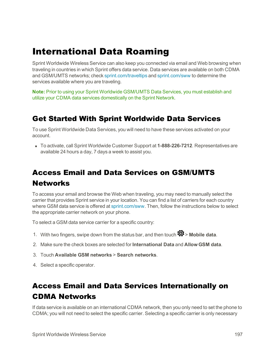 International data roaming, Get started with sprint worldwide data services | HTC One E8 User Manual | Page 210 / 262
