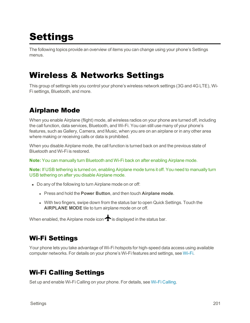 Settings, Wireless & networks settings, Airplane mode | Wi-fi settings, Wi-fi calling settings | HTC One E8 User Manual | Page 214 / 262