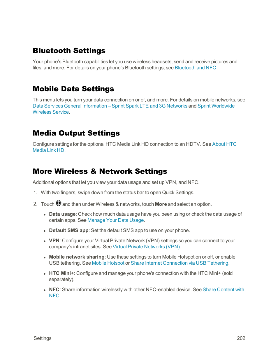 Bluetooth settings, Mobile data settings, Media output settings | More wireless & network settings | HTC One E8 User Manual | Page 215 / 262