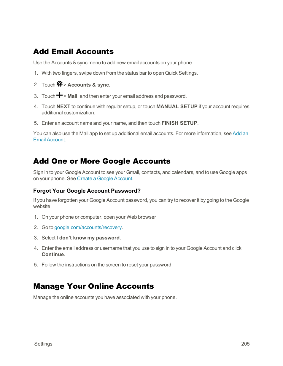 Add email accounts, Add one or more google accounts, Manage your online accounts | HTC One E8 User Manual | Page 218 / 262