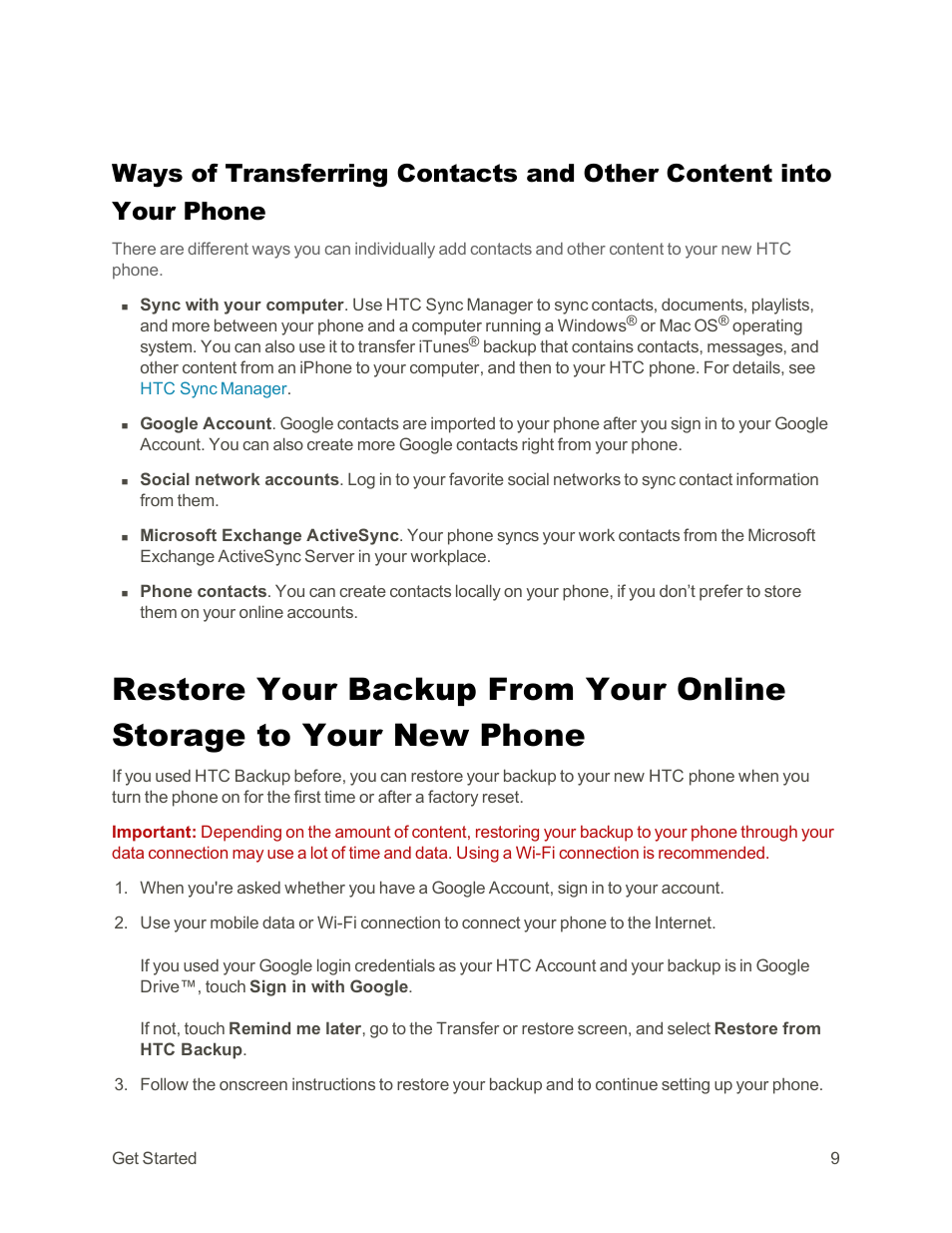 Restore your backup, From your online storage to your new phone | HTC One E8 User Manual | Page 22 / 262