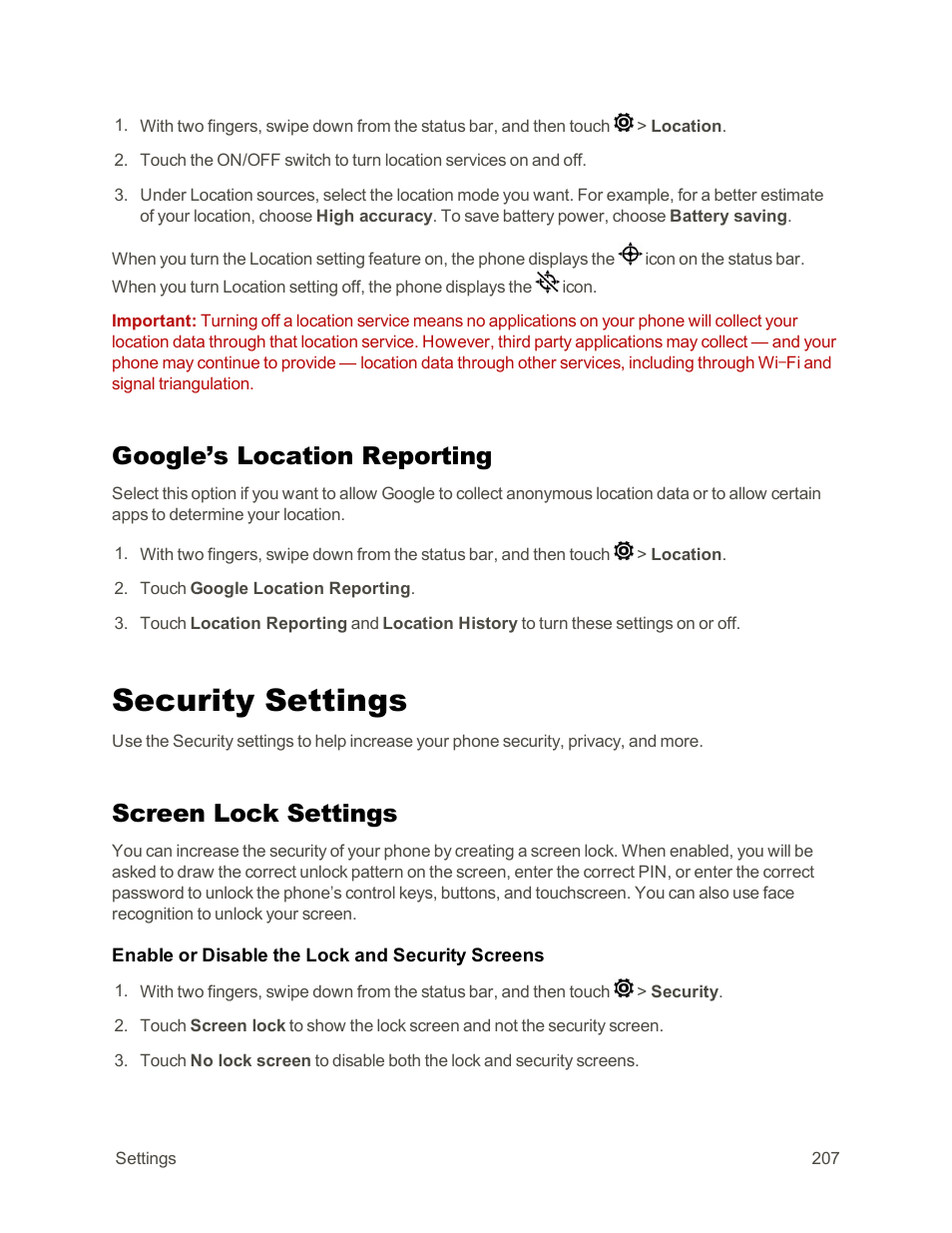Google’s location reporting, Security settings, Screen lock settings | Location services. for more information, see, Google’s location, Reporting | HTC One E8 User Manual | Page 220 / 262