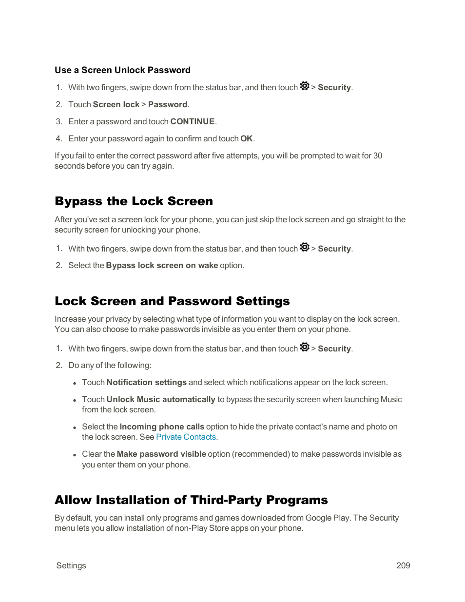 Bypass the lock screen, Lock screen and password settings, Allow installation of third-party programs | HTC One E8 User Manual | Page 222 / 262