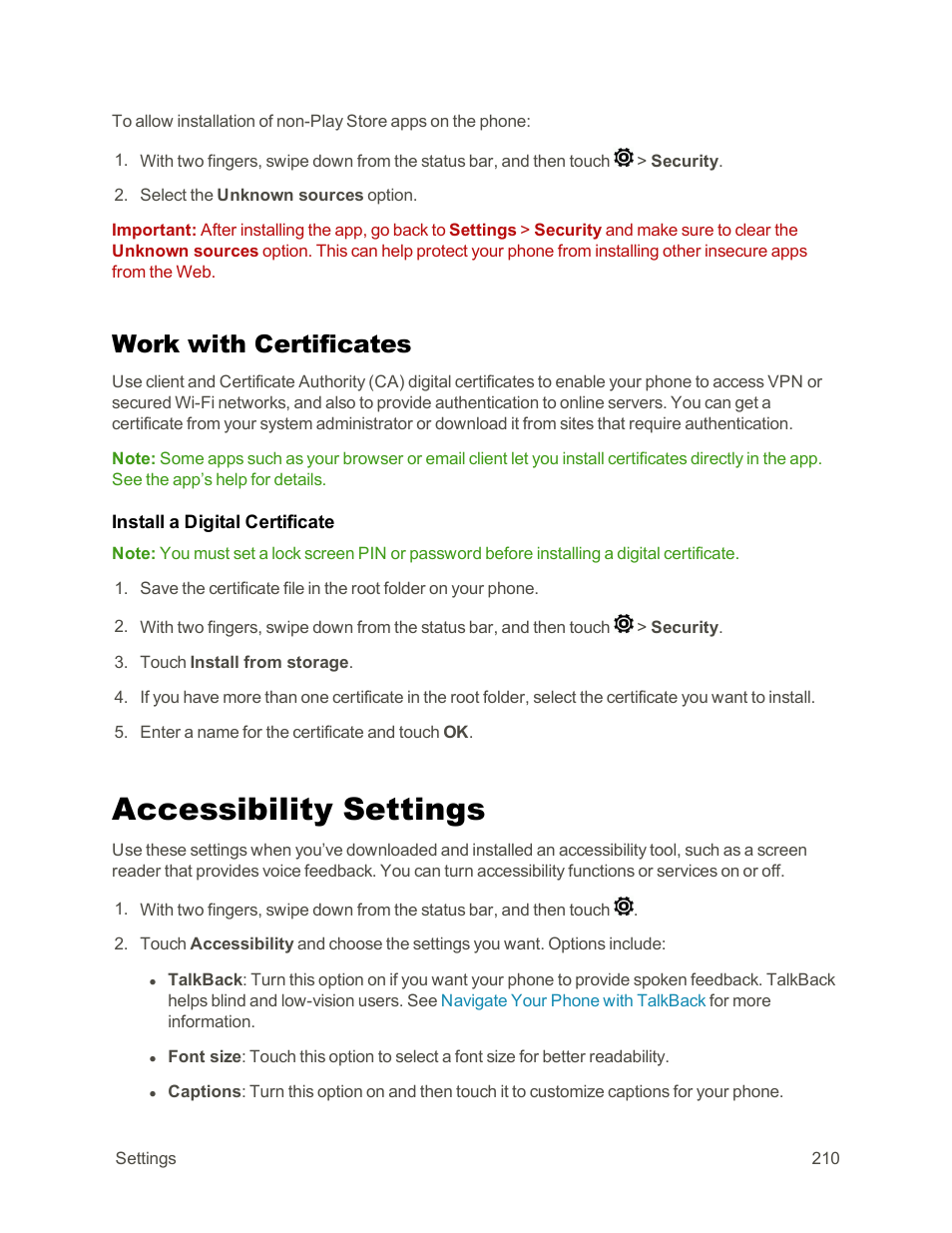 Work with certificates, Accessibility settings | HTC One E8 User Manual | Page 223 / 262