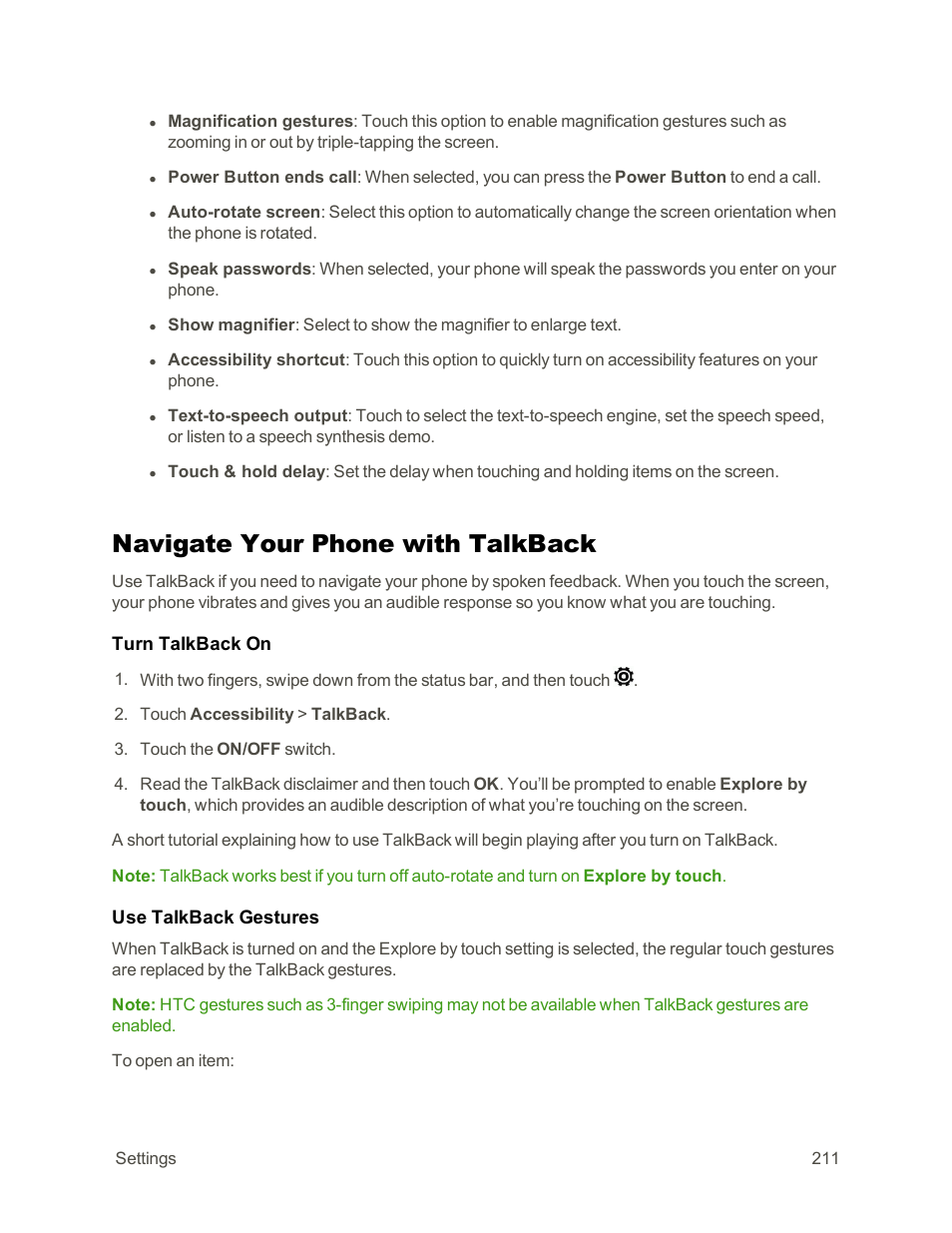 Navigate your phone with talkback | HTC One E8 User Manual | Page 224 / 262