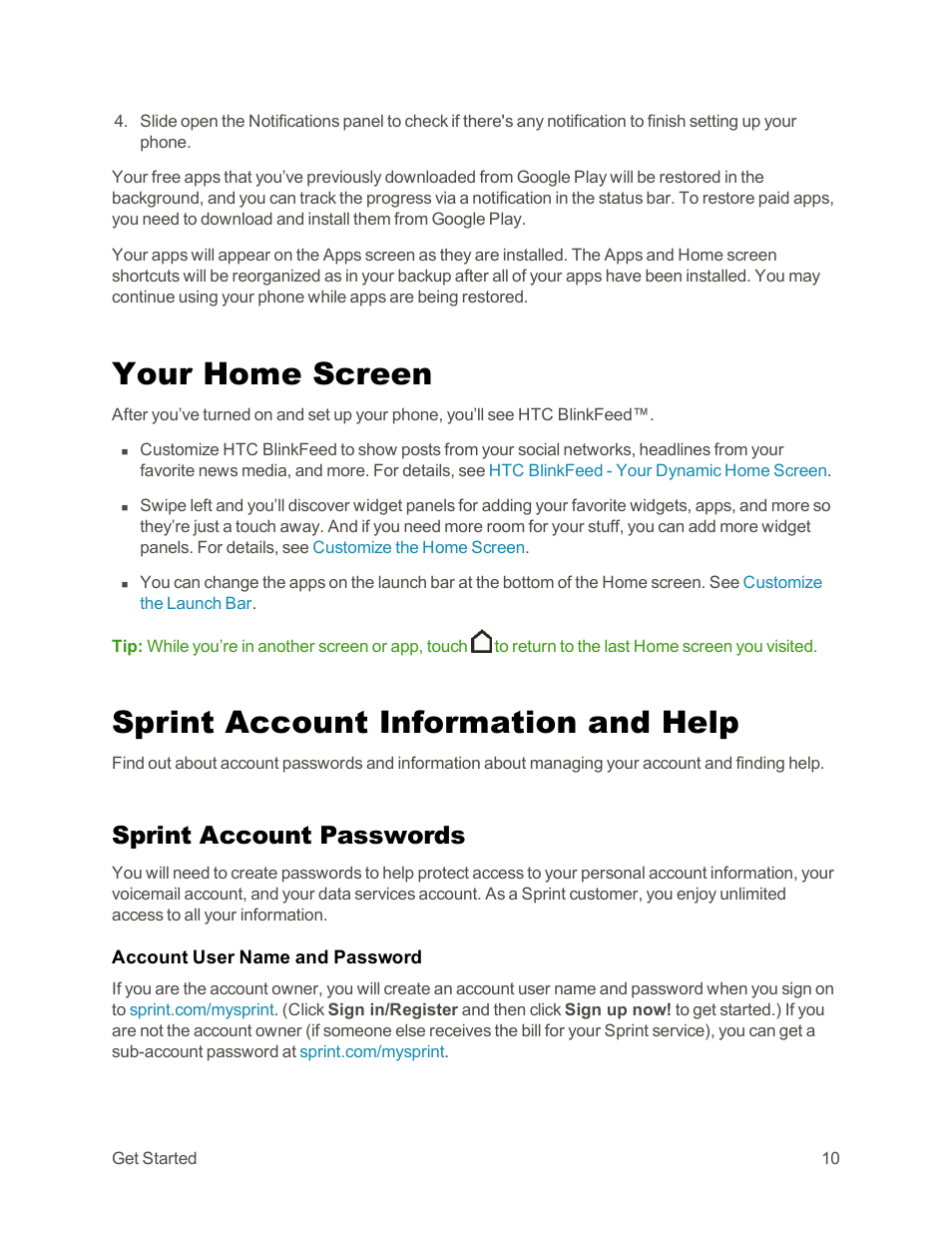 Your home screen, Sprint account information and help, Sprint account passwords | HTC One E8 User Manual | Page 23 / 262