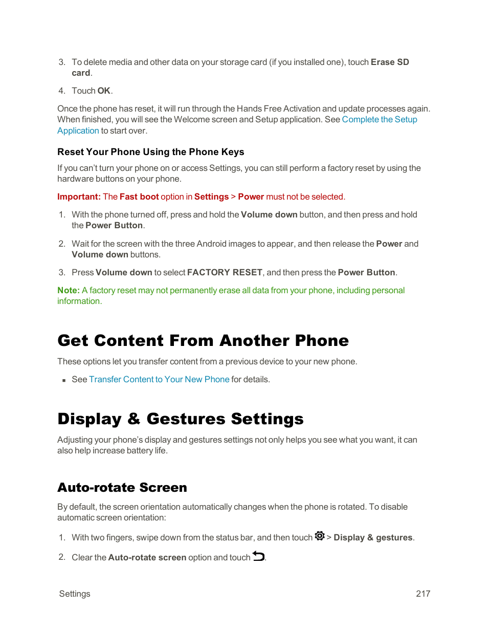Get content from another phone, Display & gestures settings, Auto-rotate screen | HTC One E8 User Manual | Page 230 / 262