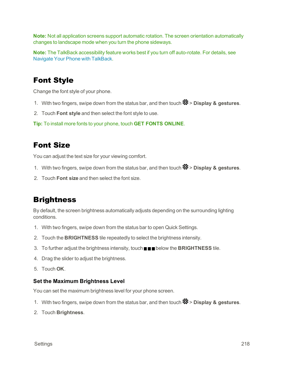 Font style, Font size, Brightness | HTC One E8 User Manual | Page 231 / 262