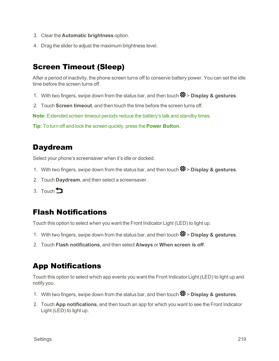 Screen timeout (sleep), Daydream, Flash notifications | App notifications, Screen timeout, Sleep) | HTC One E8 User Manual | Page 232 / 262