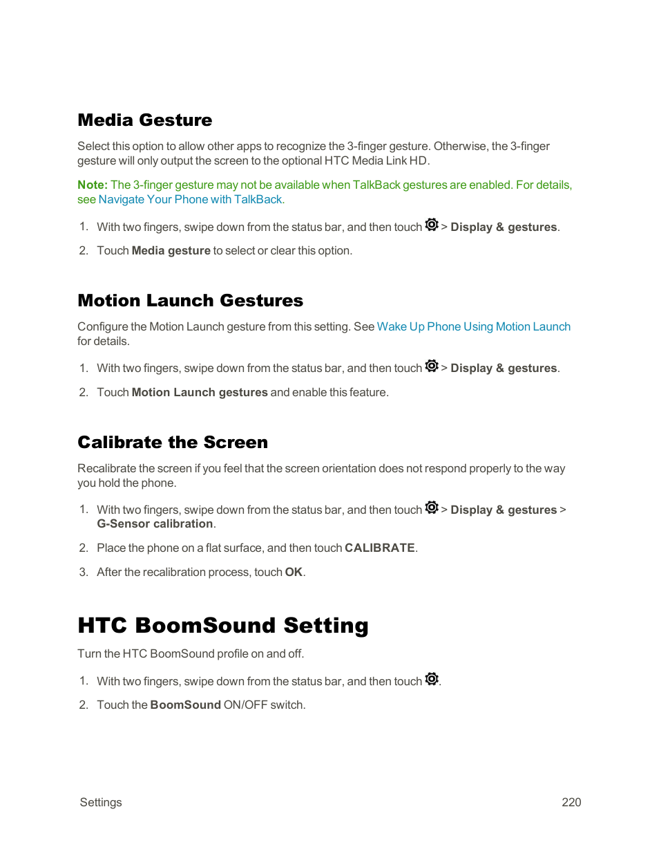 Media gesture, Motion launch gestures, Calibrate the screen | Htc boomsound setting | HTC One E8 User Manual | Page 233 / 262