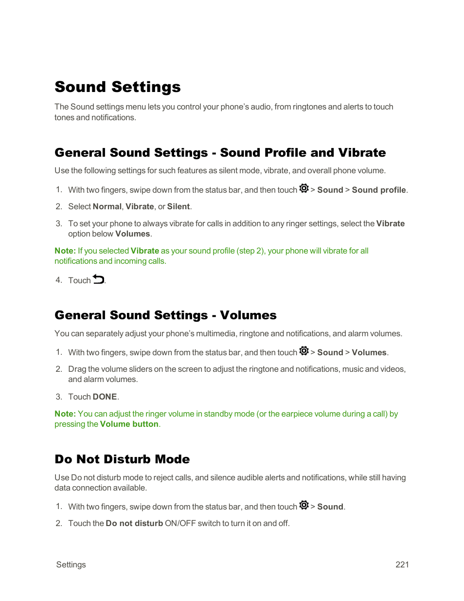 Sound settings, General sound settings - sound profile and vibrate, General sound settings - volumes | Do not disturb mode | HTC One E8 User Manual | Page 234 / 262