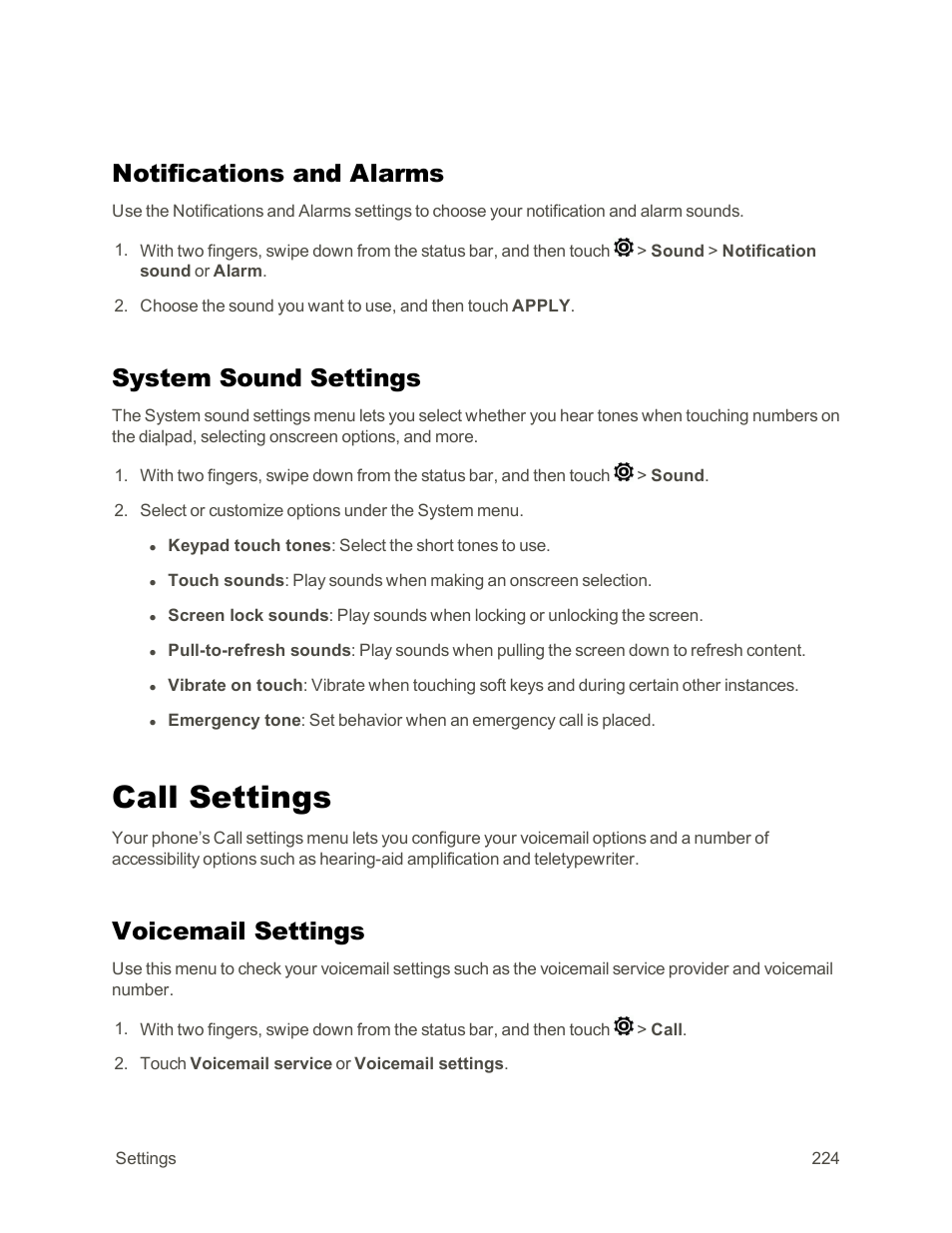 Notifications and alarms, System sound settings, Call settings | Voicemail settings | HTC One E8 User Manual | Page 237 / 262