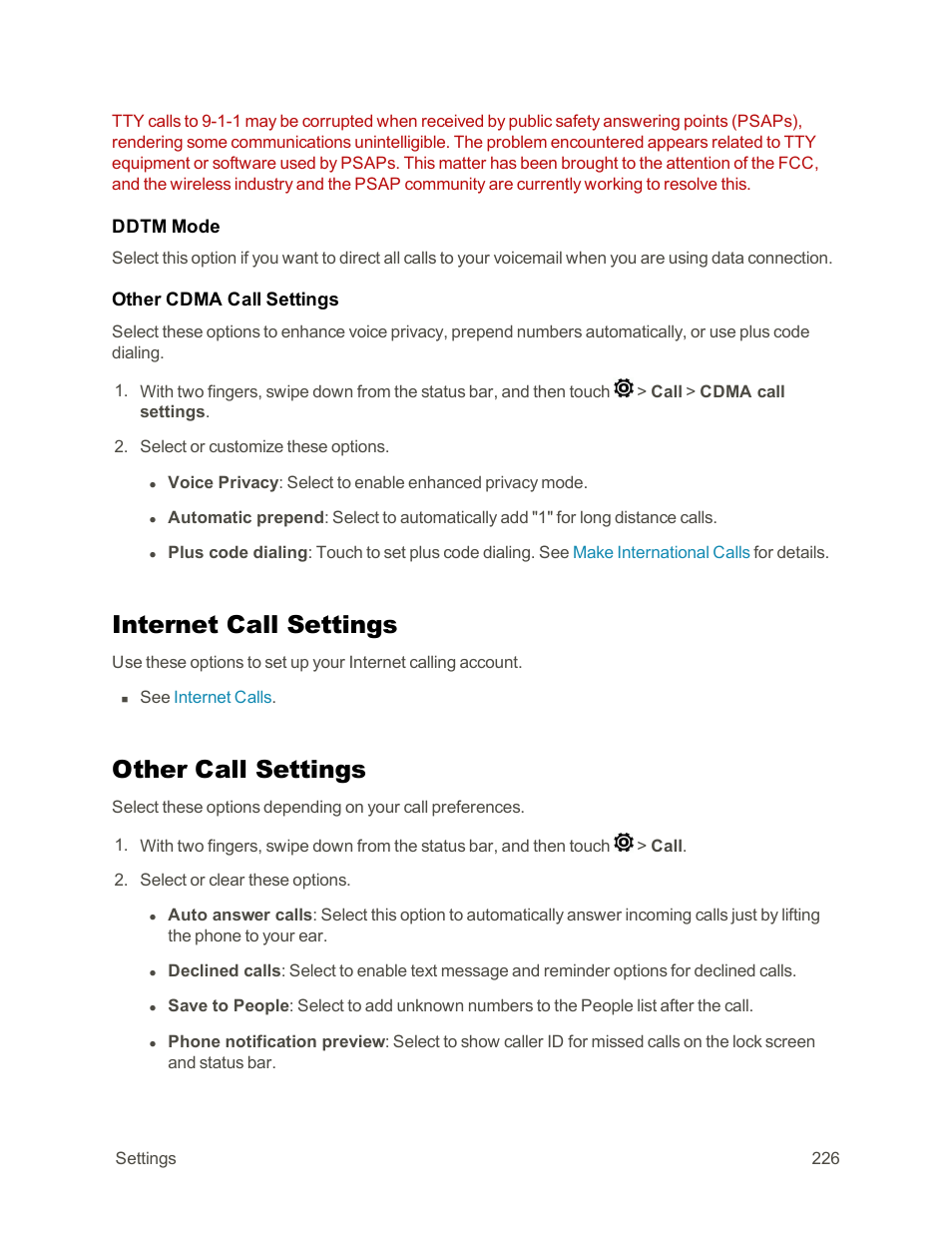 Internet call settings, Other call settings | HTC One E8 User Manual | Page 239 / 262