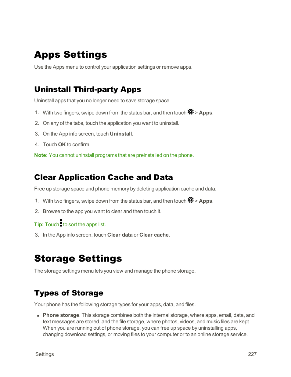 Apps settings, Uninstall third-party apps, Clear application cache and data | Storage settings, Types of storage | HTC One E8 User Manual | Page 240 / 262