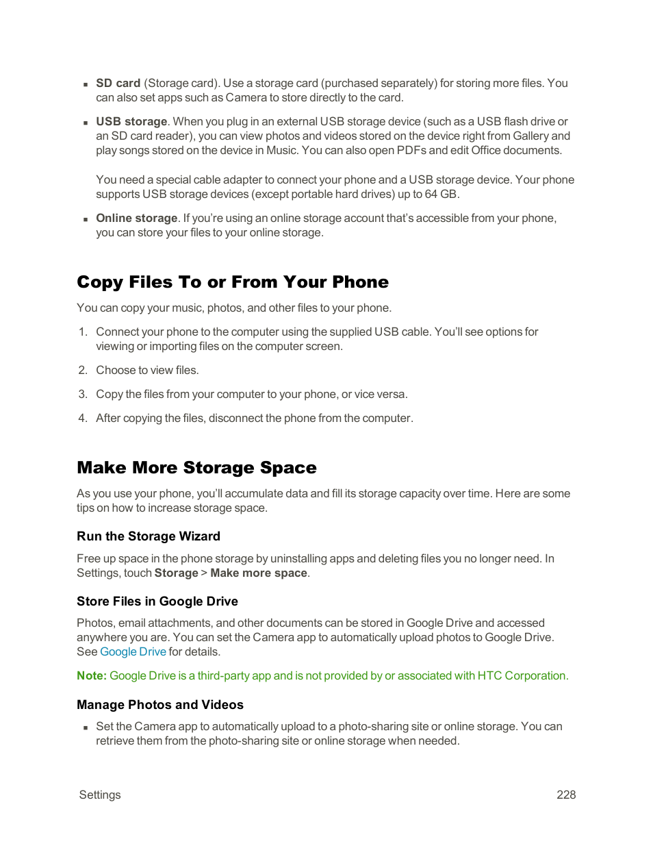 Copy files to or from your phone, Make more storage space | HTC One E8 User Manual | Page 241 / 262