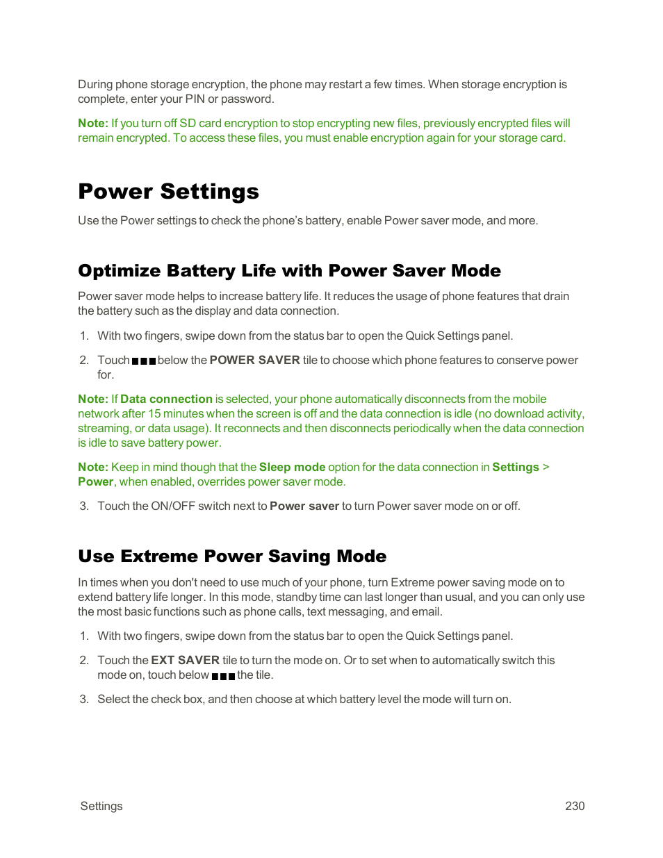 Power settings, Optimize battery life with power saver mode, Use extreme power saving mode | HTC One E8 User Manual | Page 243 / 262