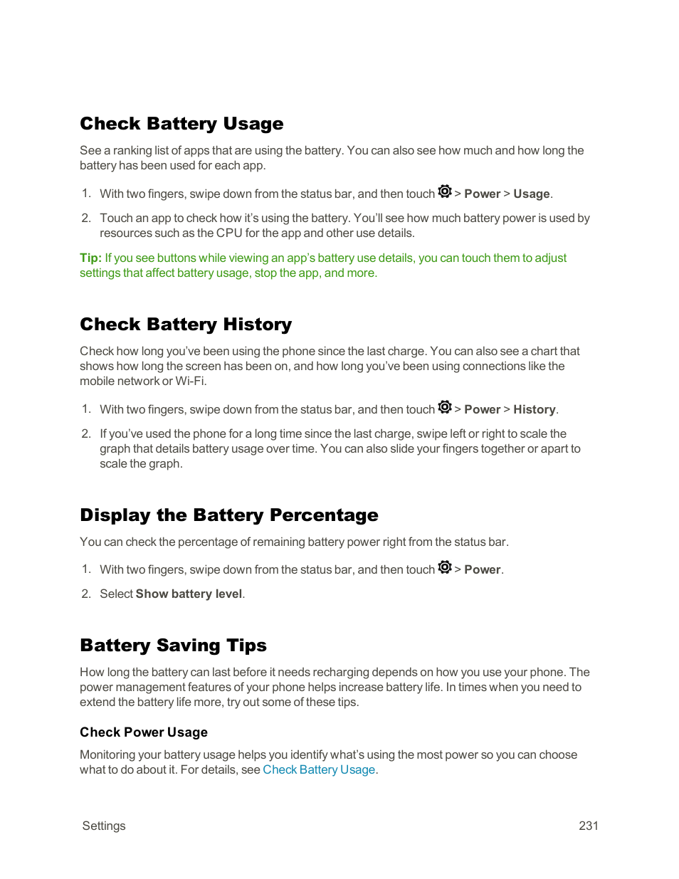 Check battery usage, Check battery history, Display the battery percentage | Battery saving tips | HTC One E8 User Manual | Page 244 / 262