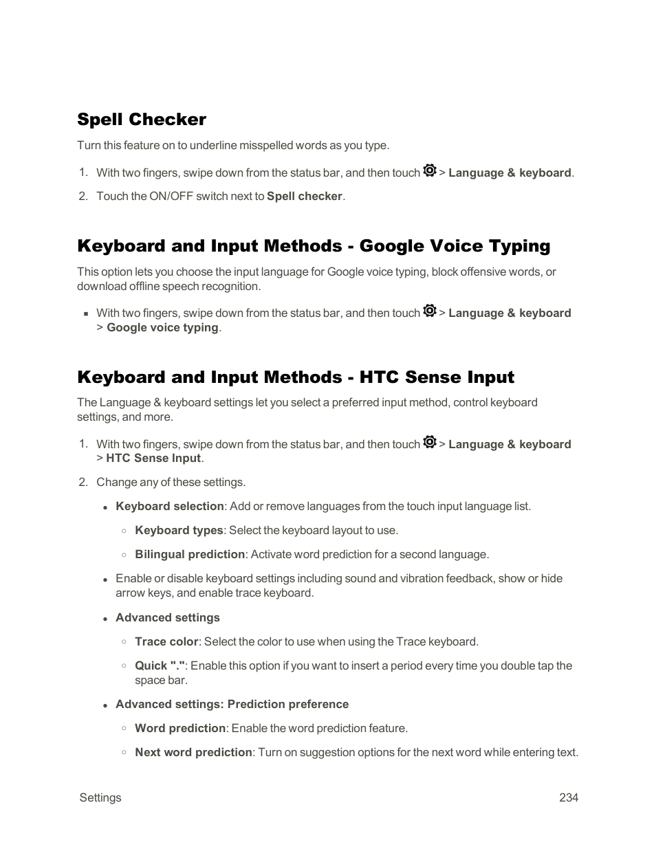 Spell checker, Keyboard and input methods - google voice typing, Keyboard and input methods - htc sense input | HTC One E8 User Manual | Page 247 / 262
