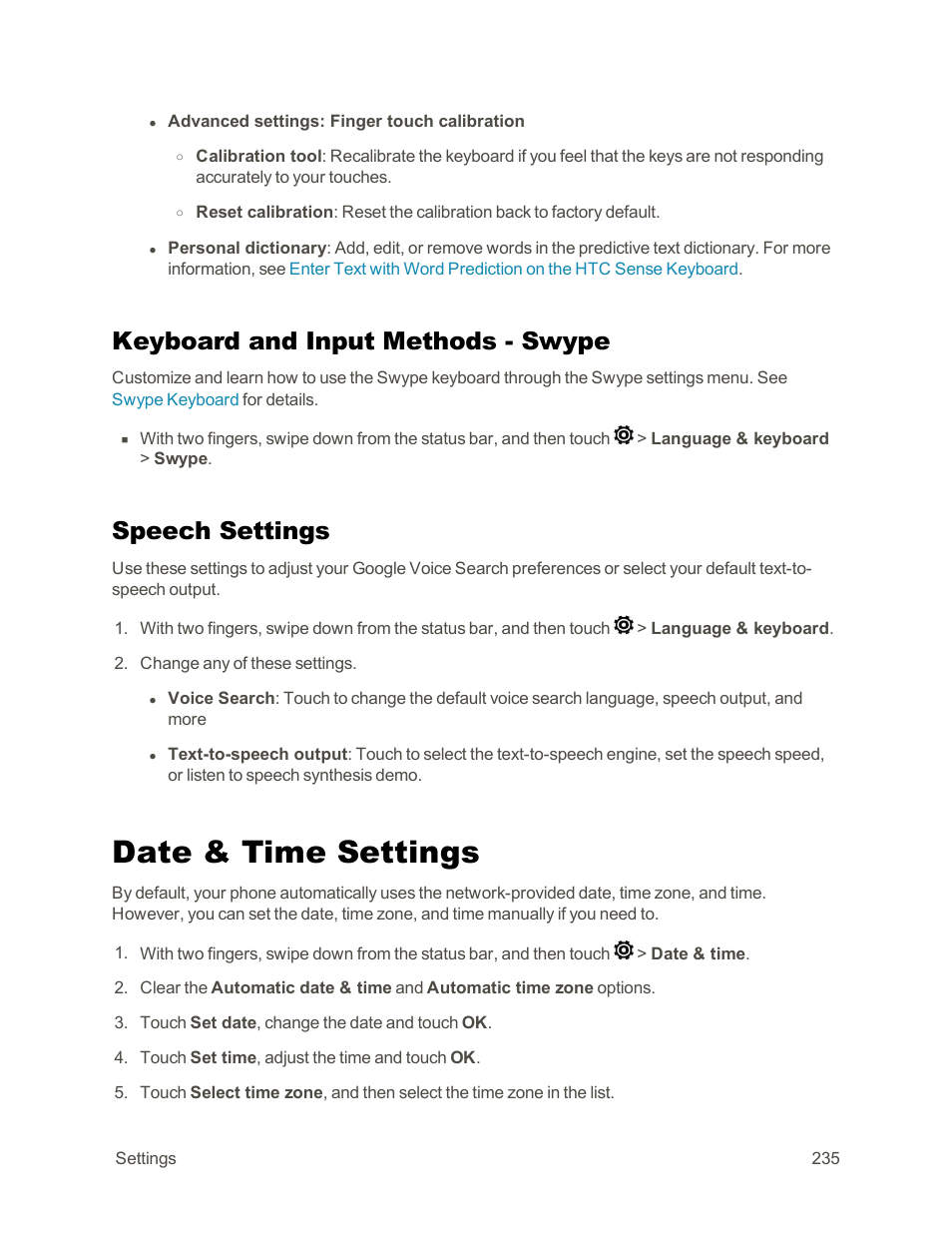 Keyboard and input methods - swype, Speech settings, Date & time settings | HTC One E8 User Manual | Page 248 / 262