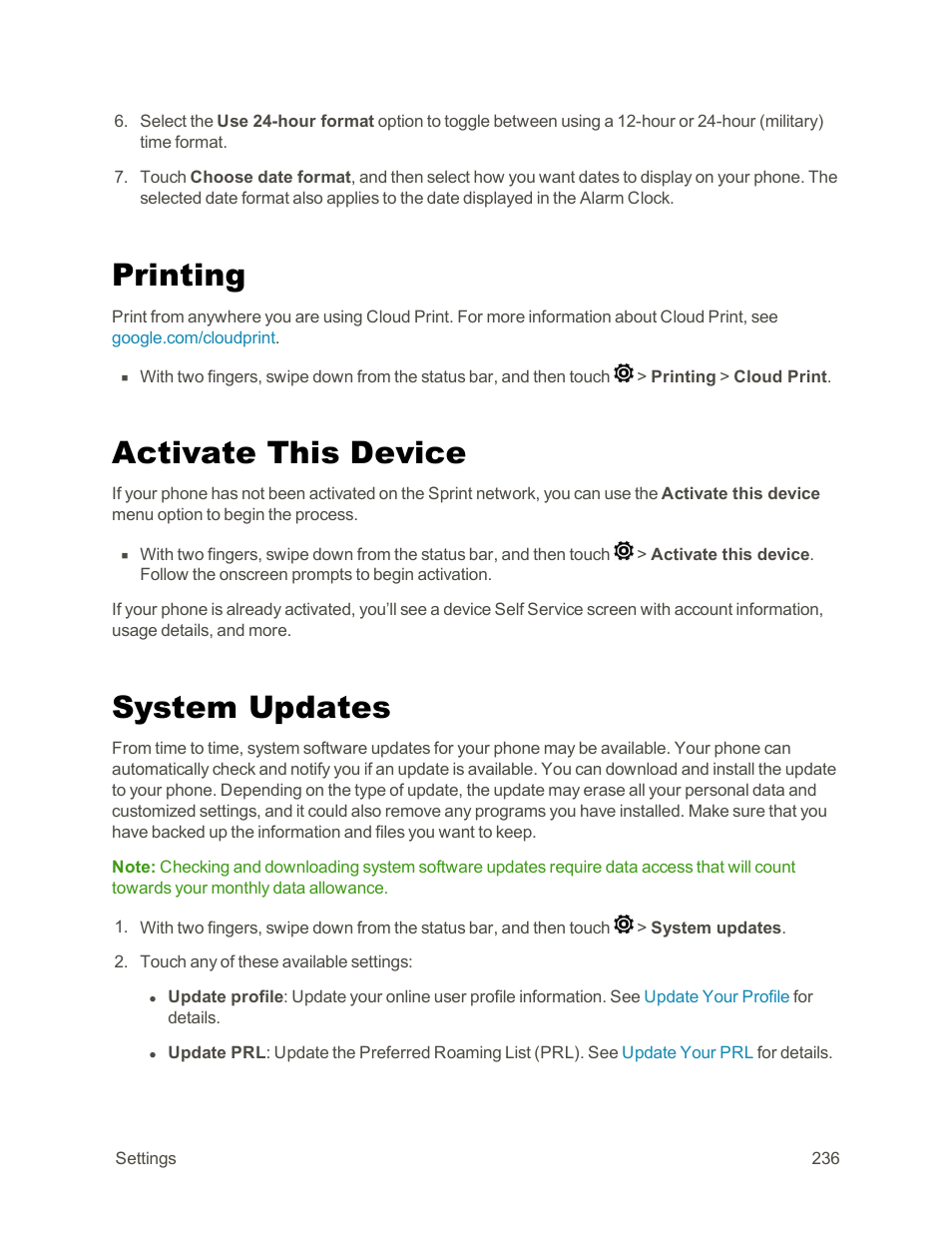 Printing, Activate this device, System updates | HTC One E8 User Manual | Page 249 / 262