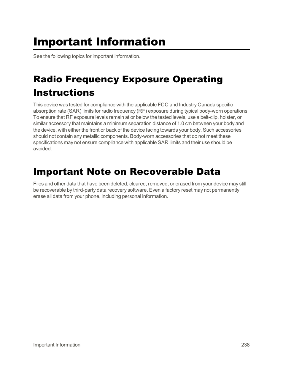 Important information, Radio frequency exposure operating instructions, Important note on recoverable data | HTC One E8 User Manual | Page 251 / 262