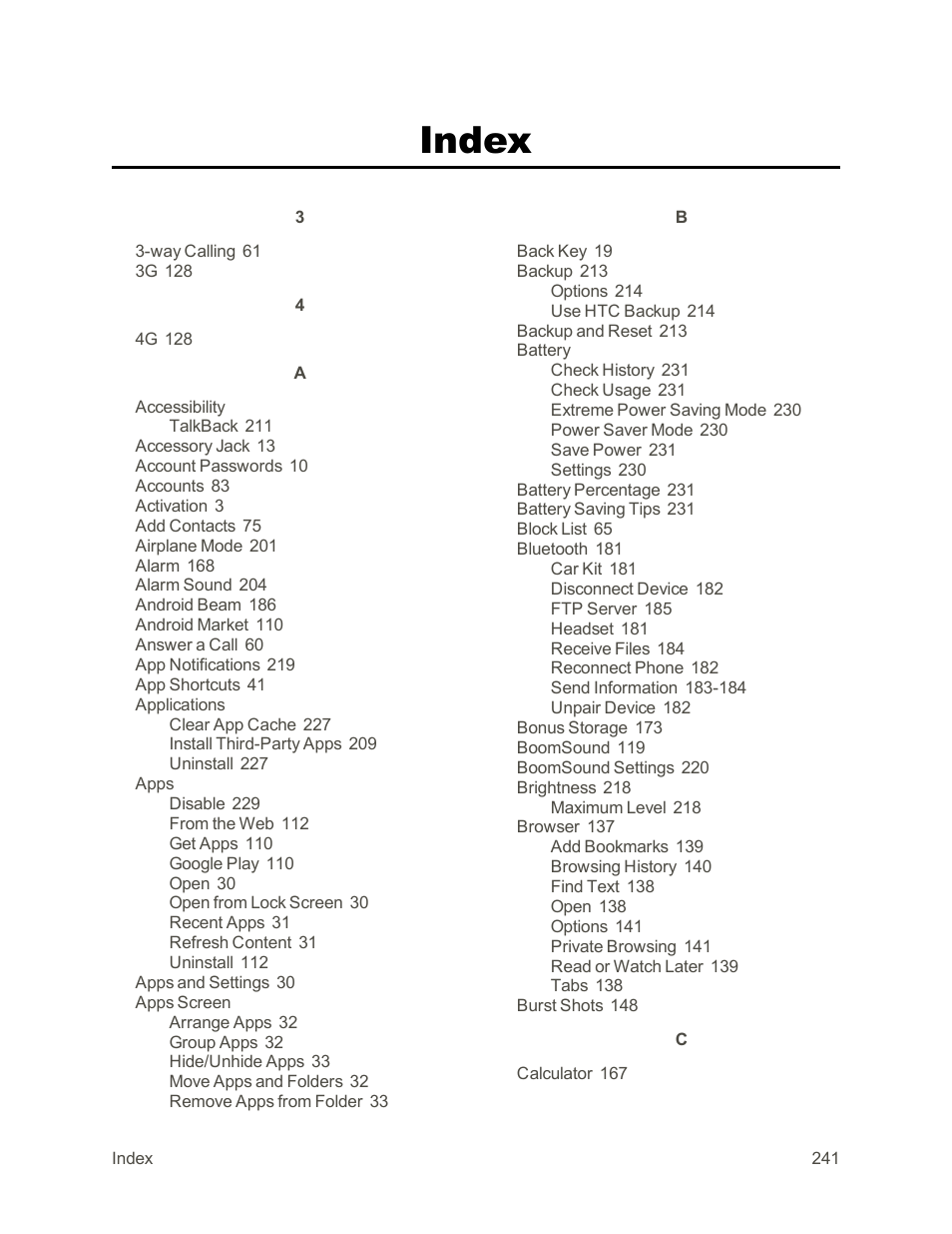 Index | HTC One E8 User Manual | Page 254 / 262