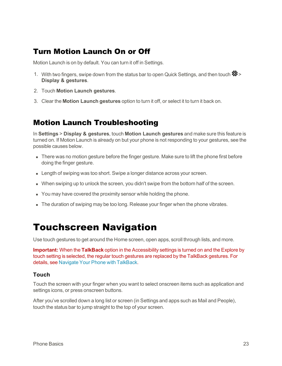Turn motion launch on or off, Motion launch troubleshooting, Touchscreen navigation | HTC One E8 User Manual | Page 36 / 262