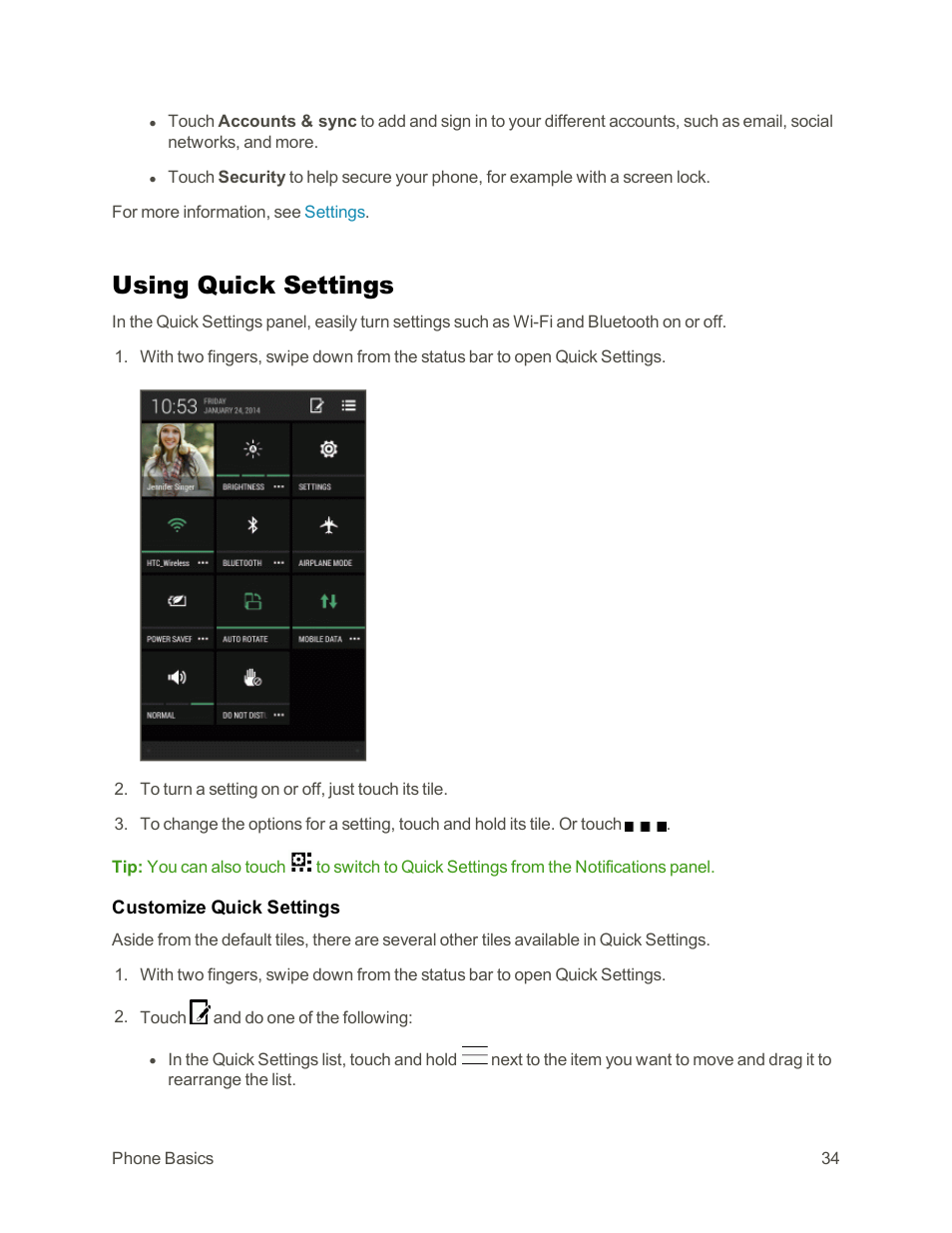 Using quick settings | HTC One E8 User Manual | Page 47 / 262