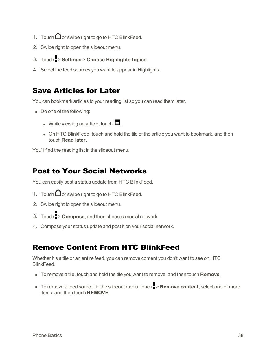 Save articles for later, Post to your social networks, Remove content from htc blinkfeed | HTC One E8 User Manual | Page 51 / 262
