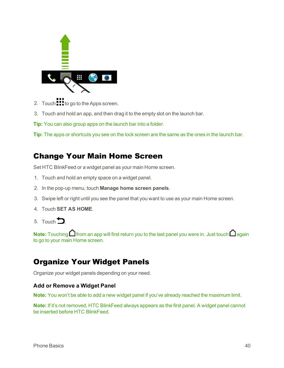 Change your main home screen, Organize your widget panels | HTC One E8 User Manual | Page 53 / 262