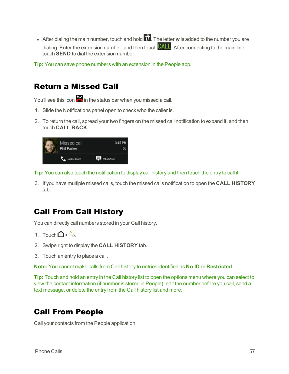 Return a missed call, Call from call history, Call from people | HTC One E8 User Manual | Page 70 / 262